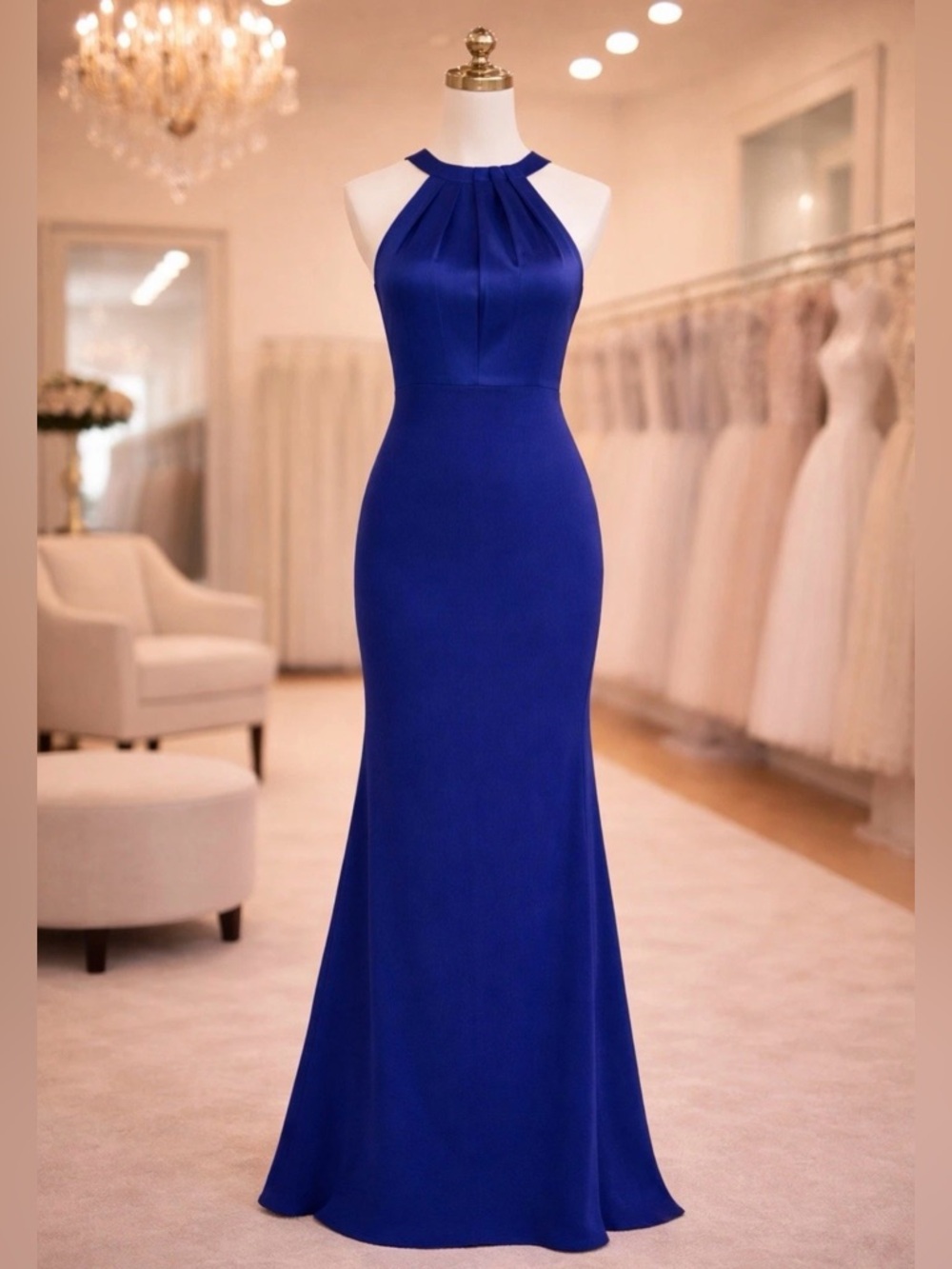 Adrianna Papell Electric Blue Satin Crepe Halter Gown Dress 8 NWT